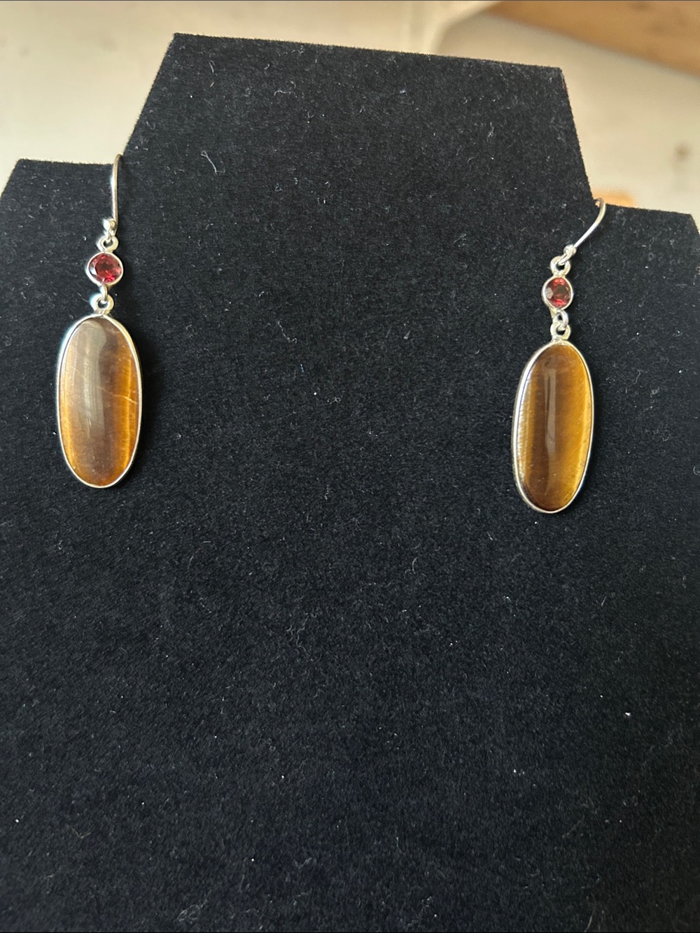 Sterling Silver Brown Tiger's Eye Drop Earrings with Garnet Accent